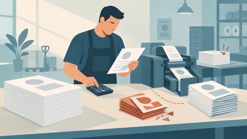 Flat vector illustration of a print-shop worker using a calculator beside a printing press, with stacks of printed sheets and a smaller red stack marked by a dashed path and scraps to suggest waste or reprints.