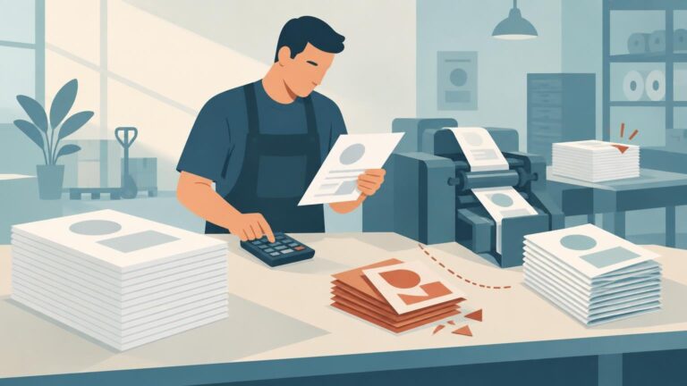 Flat vector illustration of a print-shop worker using a calculator beside a printing press, with stacks of printed sheets and a smaller red stack marked by a dashed path and scraps to suggest waste or reprints.