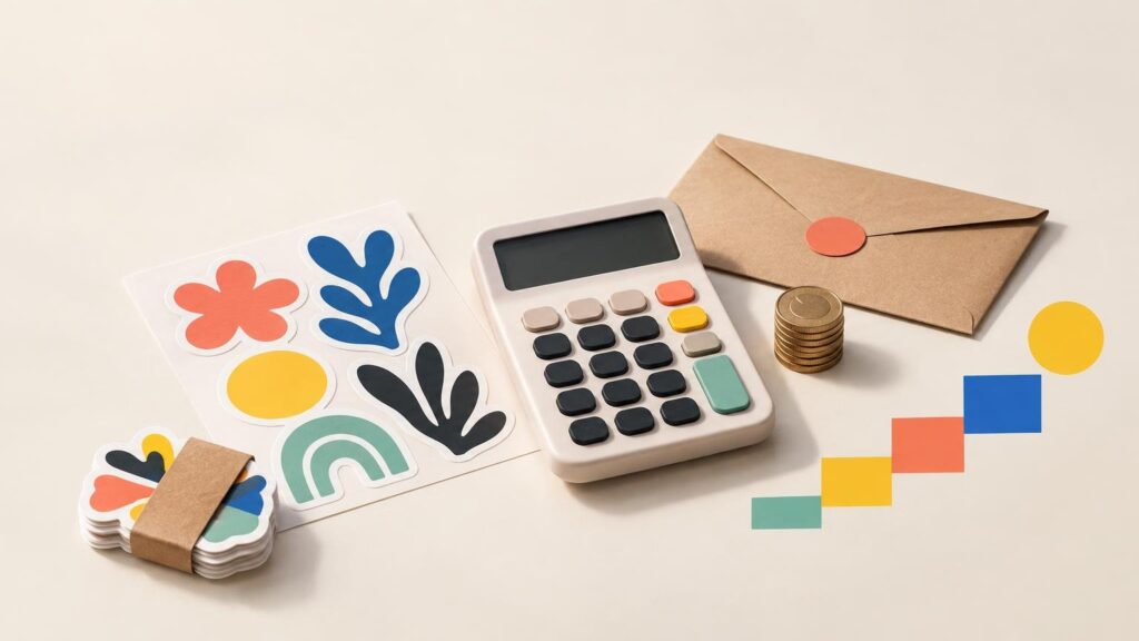 Styled tabletop scene with colorful abstract art stickers, a calculator, a kraft envelope, stacked coins, and small geometric color swatches on a cream background.