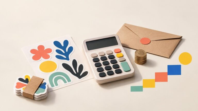 Styled tabletop scene with colorful abstract art stickers, a calculator, a kraft envelope, stacked coins, and small geometric color swatches on a cream background.