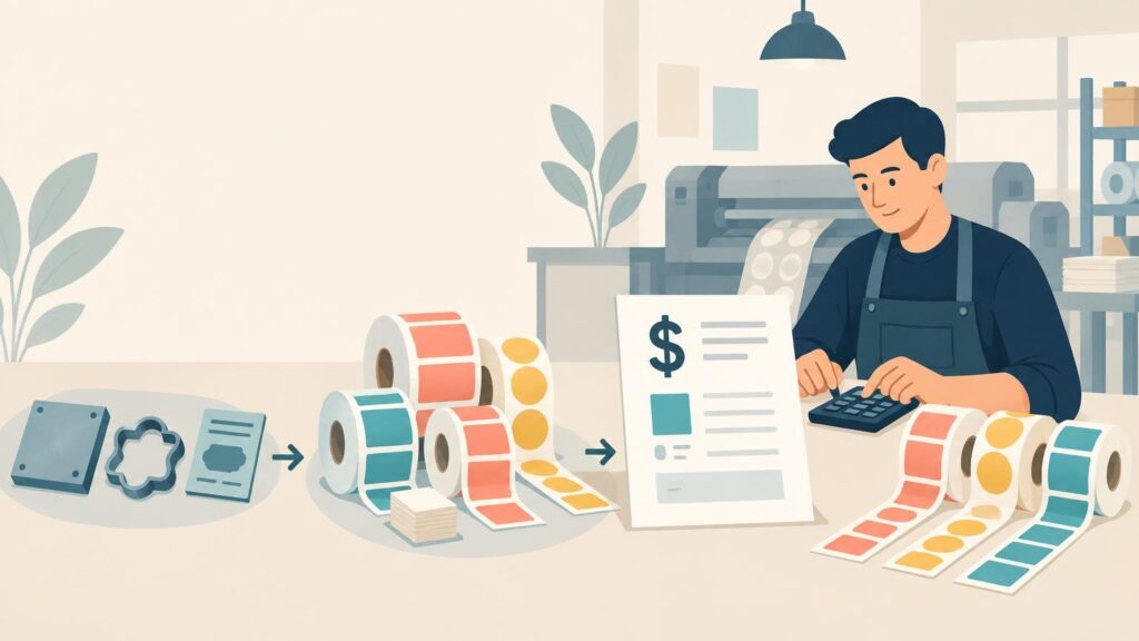 Flat editorial illustration of a label-printing worker using a calculator beside a large invoice with a dollar sign, rolls of colorful blank labels, and printing tools in a workshop.