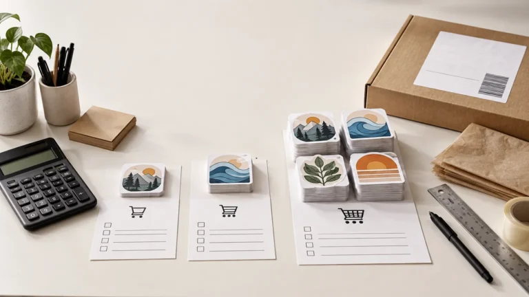 Horizontal overhead view of a small sticker-shop packing desk with a calculator, stacks of illustrated nature stickers, order sheets with cart icons and checkboxes, mailing envelopes, ruler, pen, tape, and a shipping box.