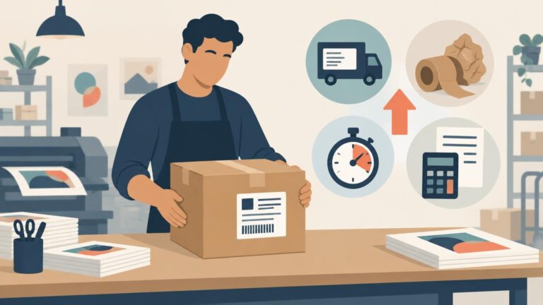 Flat editorial illustration of a print-shop worker packing a labeled cardboard box beside a large printer and stacks of printed pages, with circular icons showing a delivery truck, packing paper, stopwatch, calculator and document, plus an upward arrow.