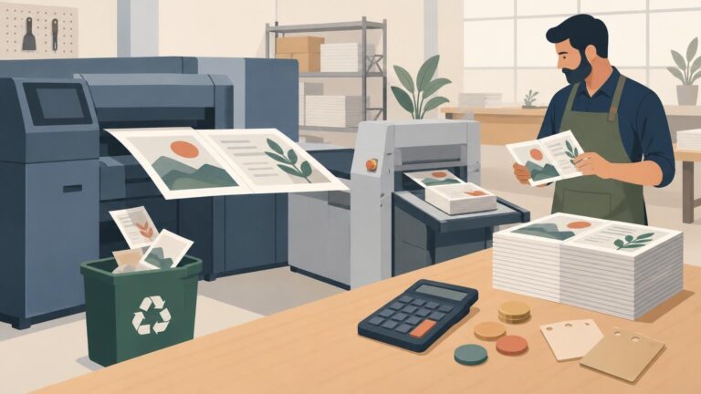 Flat editorial illustration of a print-shop worker inspecting a printed sheet beside large digital printing equipment, stacks of finished pieces, a calculator, coins, paper stock samples, and a recycling bin with discarded prints.