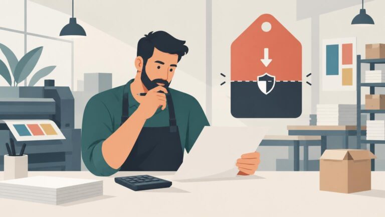 Flat editorial illustration of a print-shop worker reviewing a sheet beside a calculator, paper stacks, printer, boxes, and a large discount tag with a downward arrow and shield symbol.