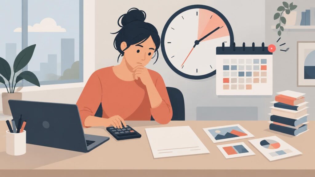 Flat editorial illustration of a designer at a desk using a calculator beside a laptop, paperwork, charts, a calendar, and a large clock.