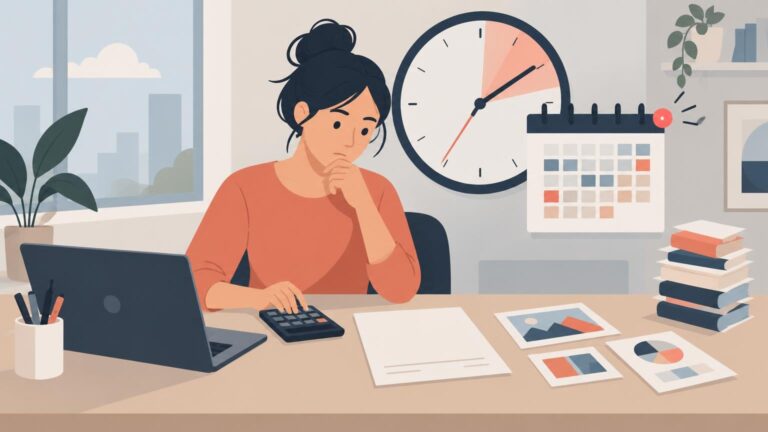 Flat editorial illustration of a designer at a desk using a calculator beside a laptop, paperwork, charts, a calendar, and a large clock.