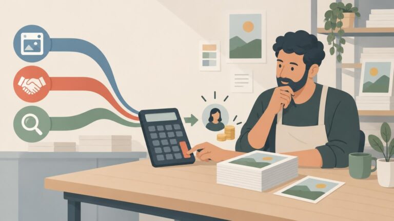 Flat editorial illustration of a print-business owner using a calculator as colored paths from image, handshake, and search icons lead to a customer symbol and coins beside stacks of printed artwork.