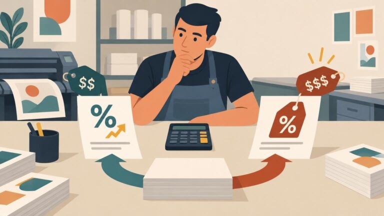 Flat editorial illustration of a print-shop worker at a desk with a calculator, print samples, percentage sheets, price tags, and arrows suggesting pricing calculations.