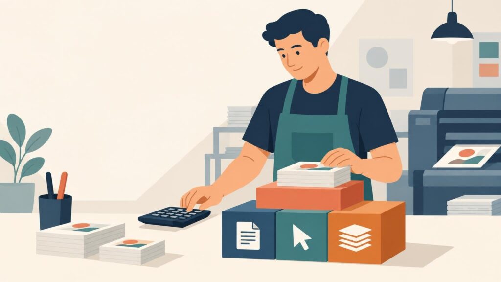 Flat editorial illustration of a print-shop worker using a calculator beside stacks of printed cards, a large printer, and three colored blocks with document, cursor, and layered-paper icons.