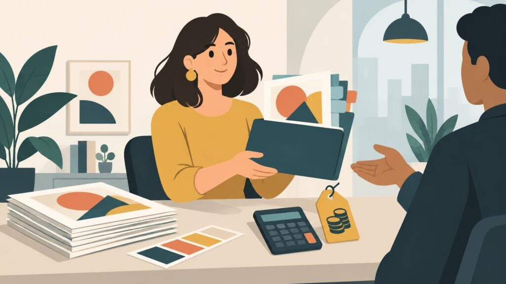 Flat editorial illustration of a designer handing a folder of geometric artwork to a client across a desk with design printouts, a calculator, and a price tag with coins.