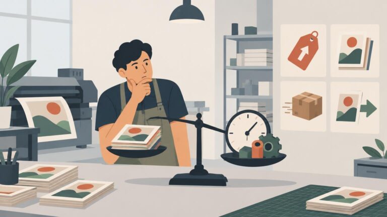 Flat vector illustration of a thoughtful print-shop worker beside a balance scale weighing a stack of art prints against a clock and gears, with a printer, boxed inventory, and product icons in the background.